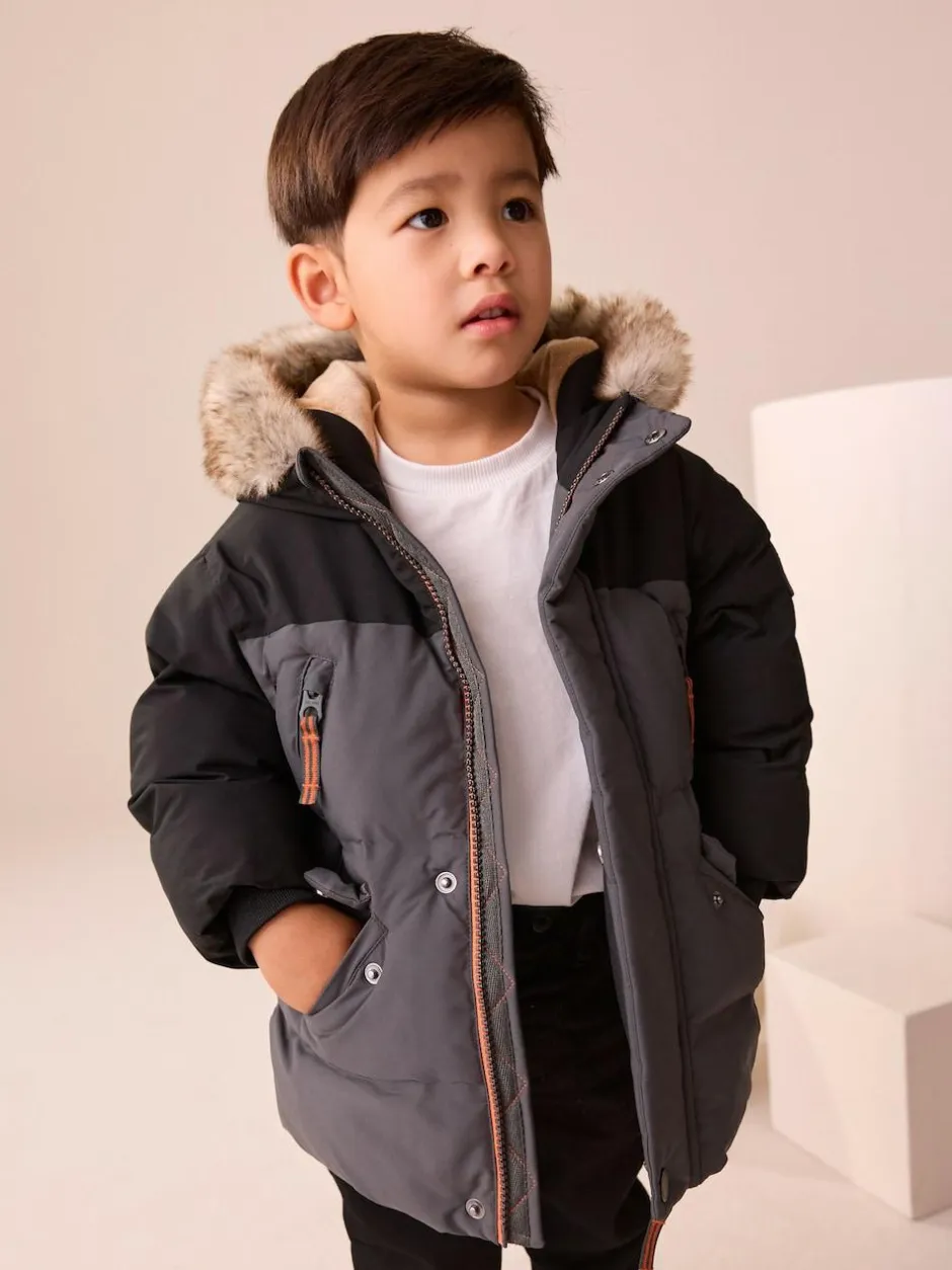 Next Waterproof Warm Padded Coat (12mths-10yrs) Black/Grey Clearance