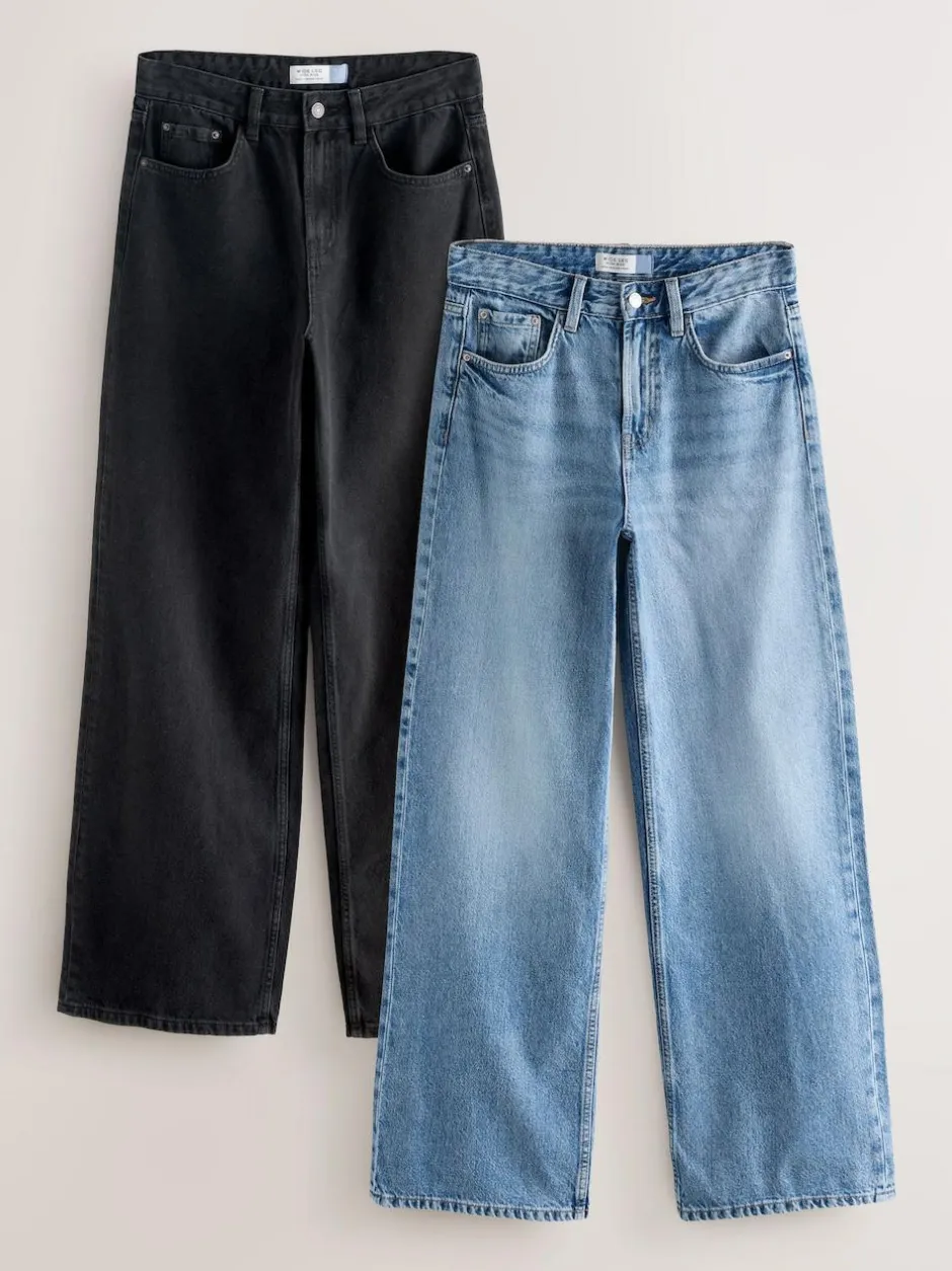 Next Wide Leg Jeans 2 Pack Black/Mid Blue Sale