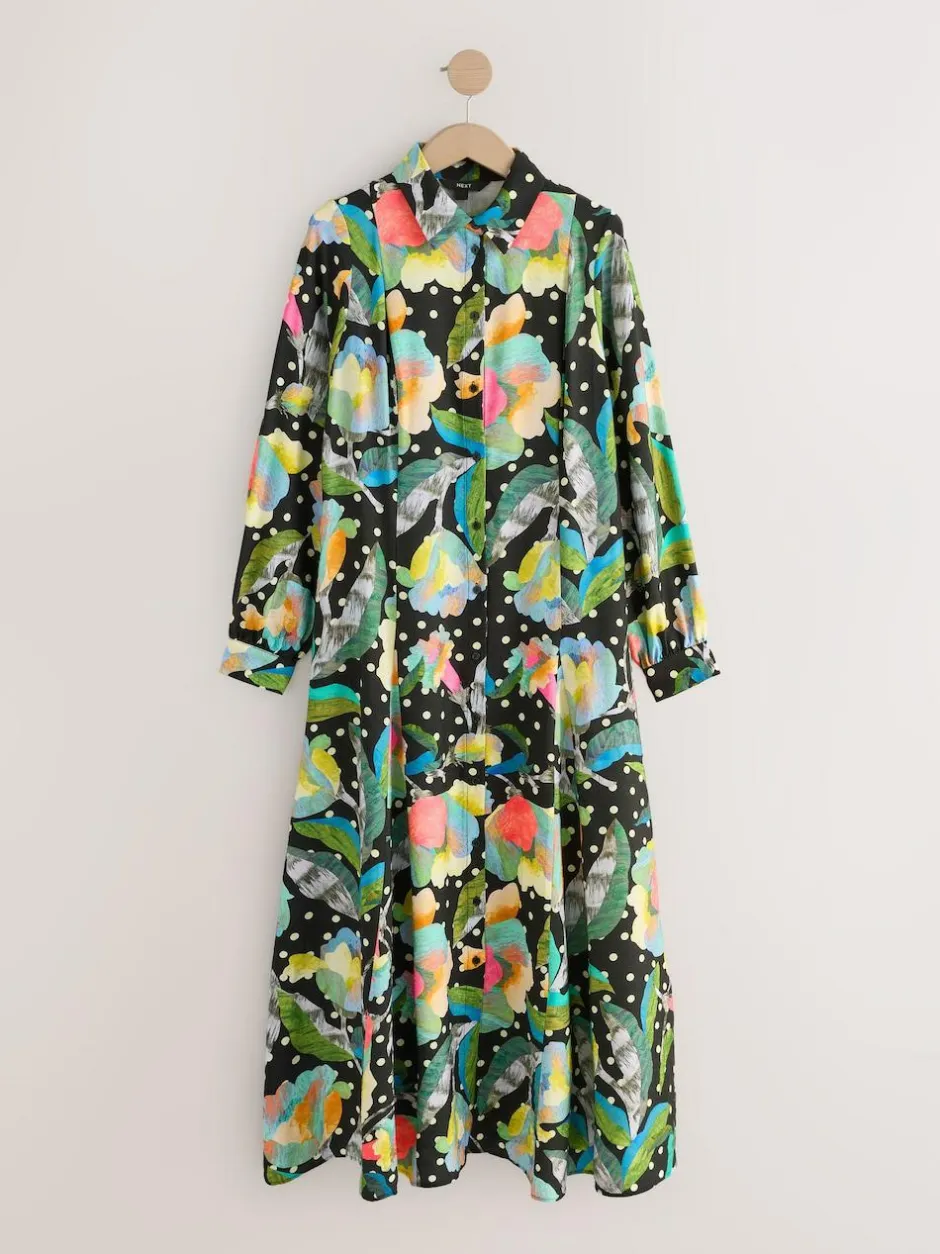 Next Long Sleeve Midi Shirt Dress Black/Multi Floral Best