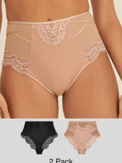 Next Tummy Control Lace Knickers 2 Pack Black/Nude Outlet