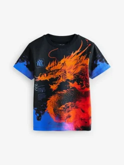 Next Black/Orange Dragon Regular Fit Short Sleeve All-Over Print T-Shirt (3-16yrs) New