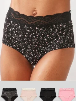 Next Black/Pink Heart Print Full Brief Cotton Lace Knickers 4 Pack New