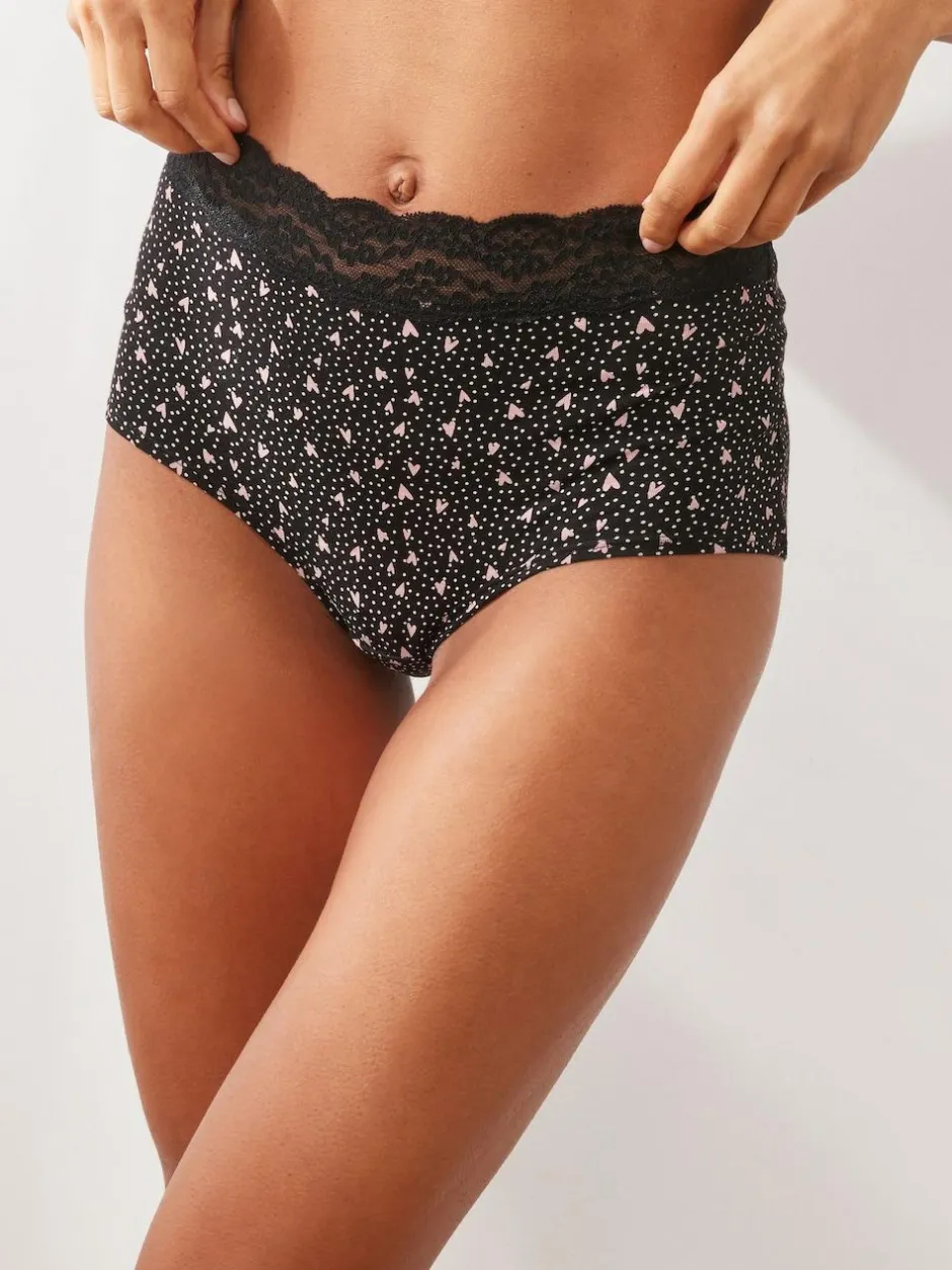 Next Black/Pink Heart Print Full Brief Cotton Lace Knickers 4 Pack New