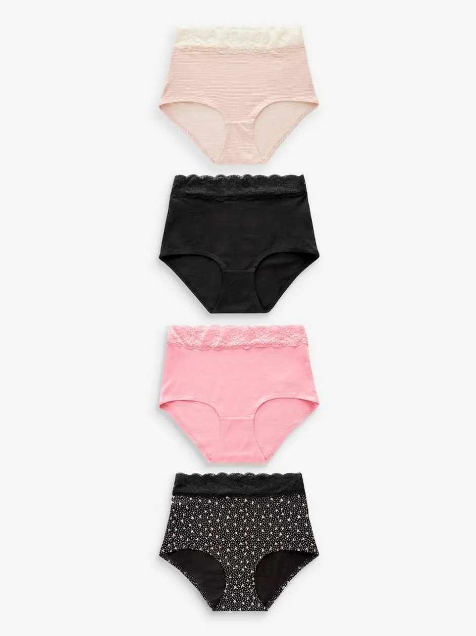 Next Black/Pink Heart Print Full Brief Cotton Lace Knickers 4 Pack New