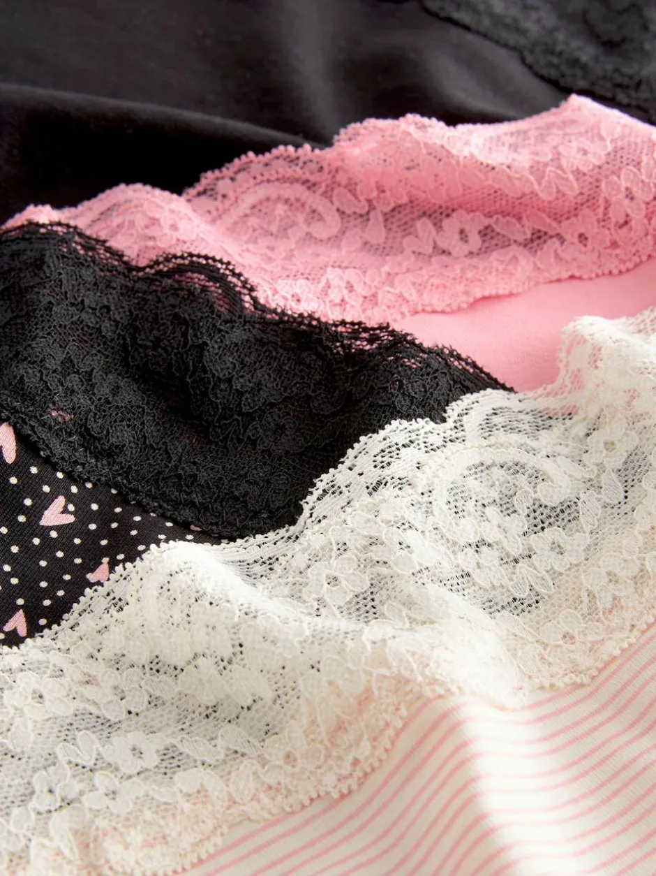 Next Black/Pink Heart Print Full Brief Cotton Lace Knickers 4 Pack New