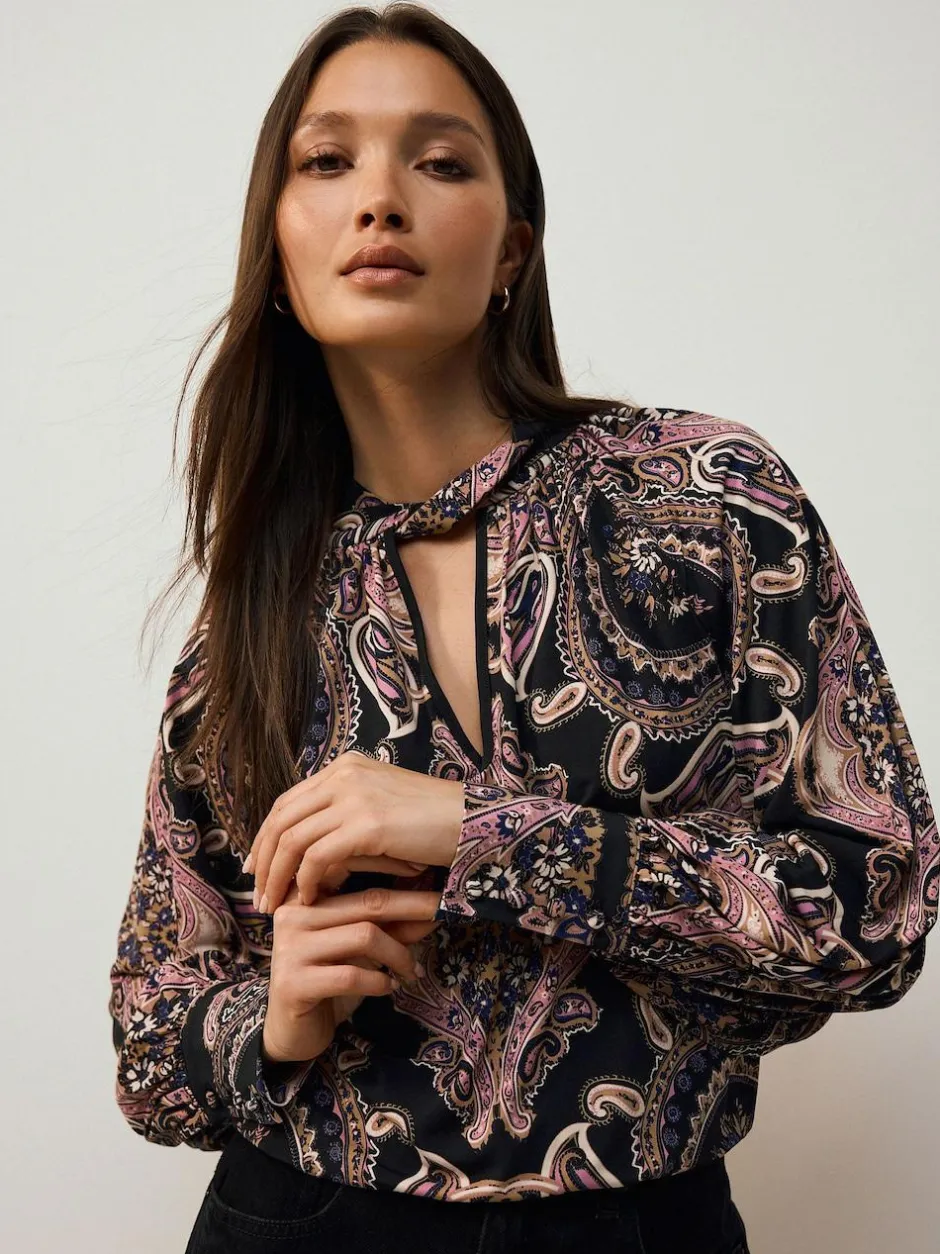 Next Long Sleeve Twist Neck Jersey Blouse Black/Pink Paisley New