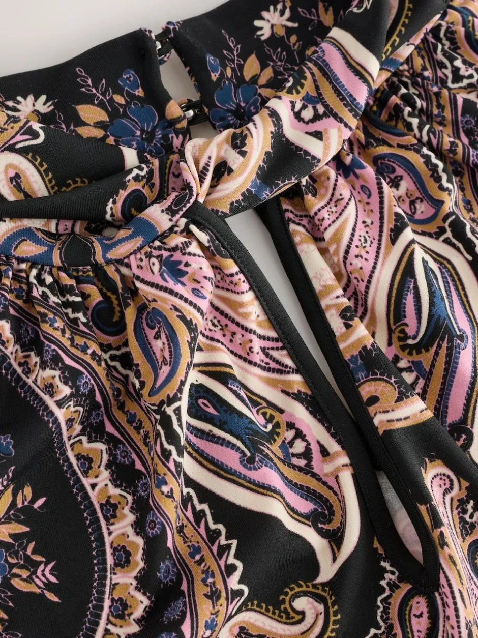 Next Long Sleeve Twist Neck Jersey Blouse Black/Pink Paisley New