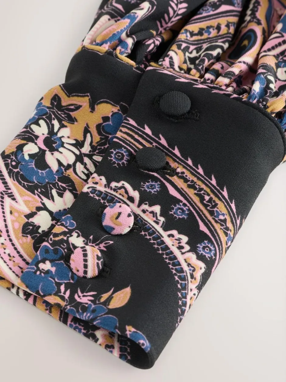 Next Long Sleeve Twist Neck Jersey Blouse Black/Pink Paisley New
