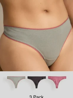 Next Thong Cotton Rib Knickers 3 Pack Black/Rose/Olive Outlet