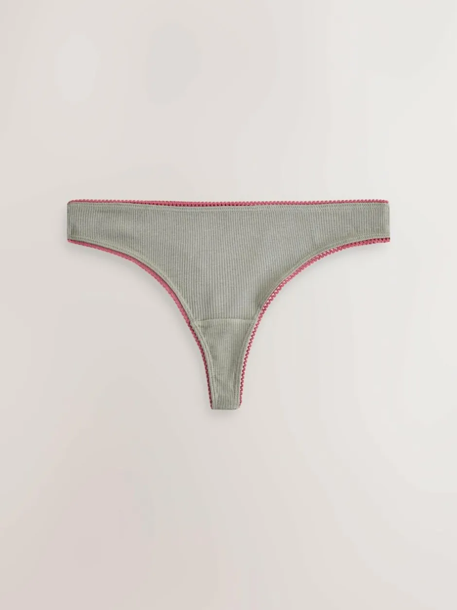 Next Thong Cotton Rib Knickers 3 Pack Black/Rose/Olive Outlet