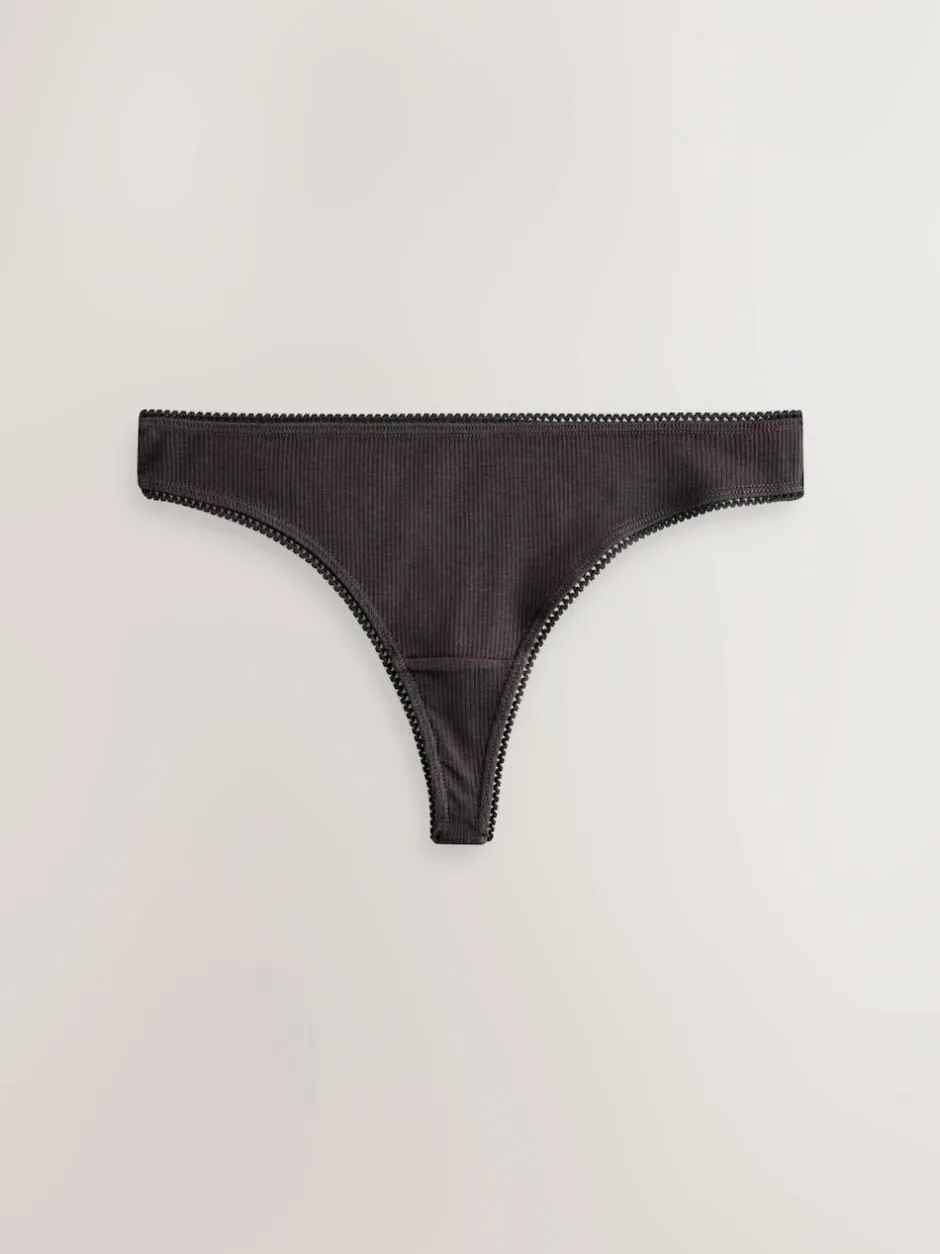 Next Thong Cotton Rib Knickers 3 Pack Black/Rose/Olive Outlet
