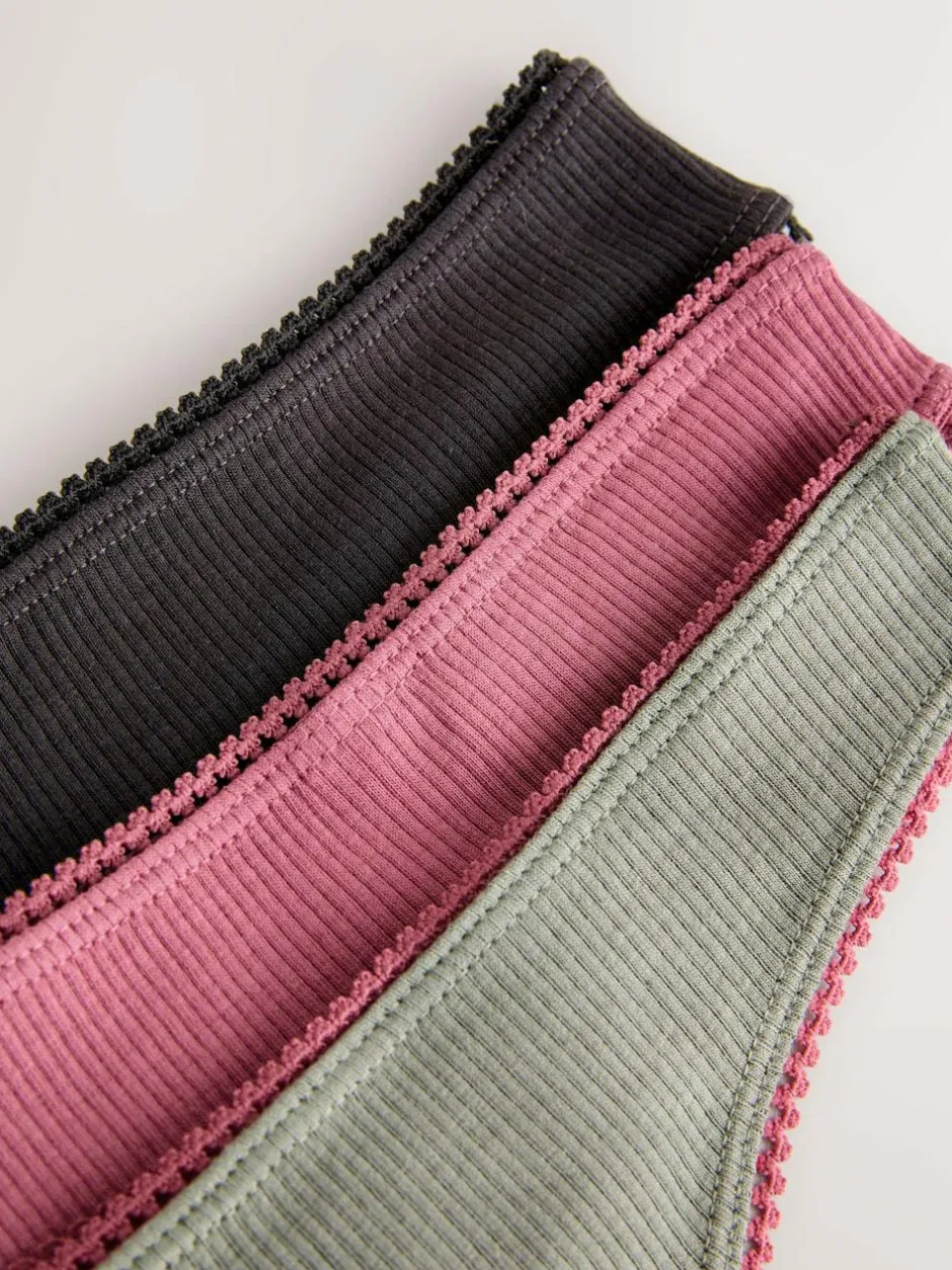 Next Thong Cotton Rib Knickers 3 Pack Black/Rose/Olive Outlet