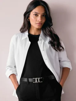 Next Regular Statement Buckle Leather Belt Black/Silver Tone Clearance