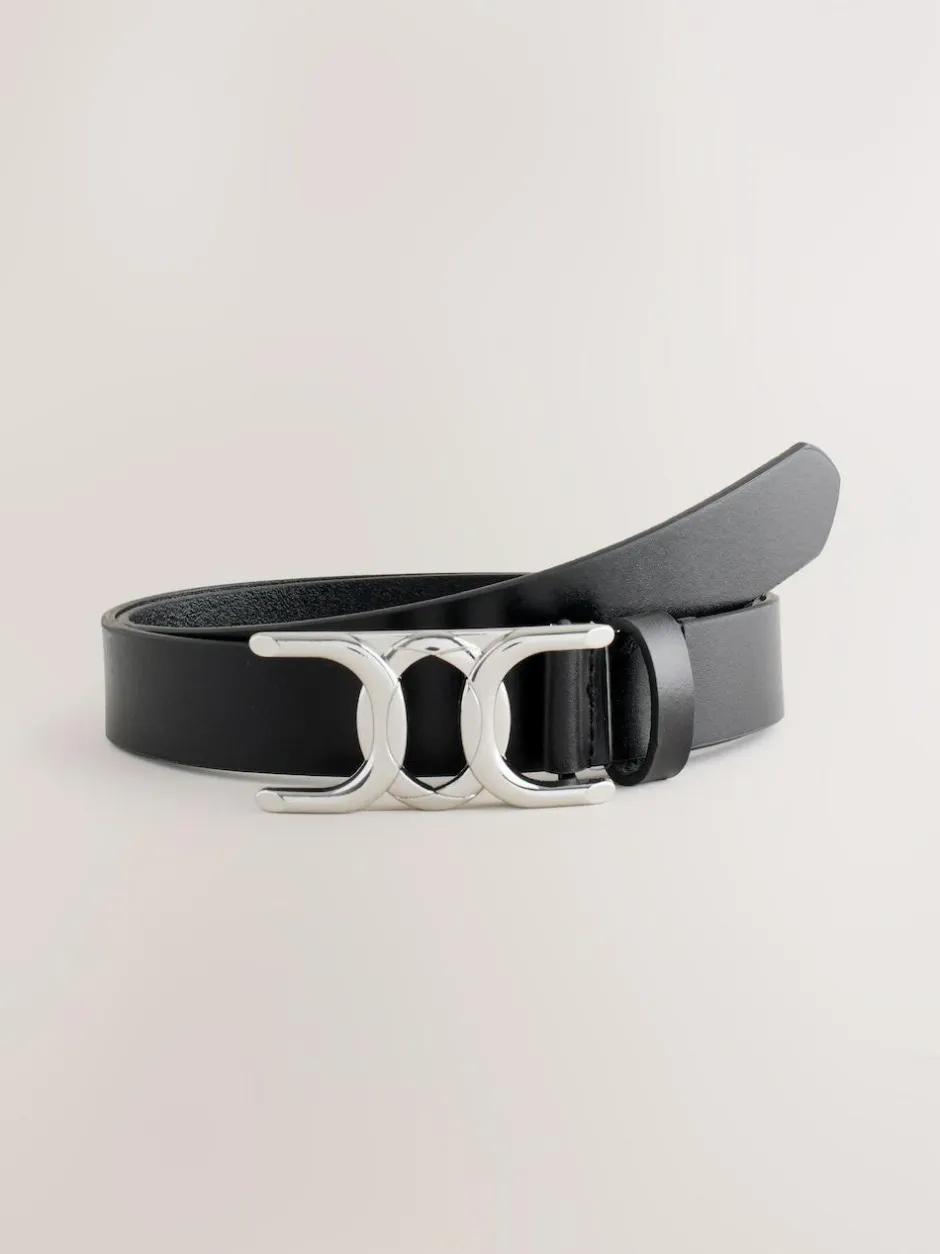 Next Regular Statement Buckle Leather Belt Black/Silver Tone Clearance