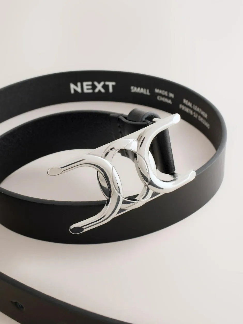 Next Regular Statement Buckle Leather Belt Black/Silver Tone Clearance