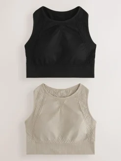 Next Black/Stone Seamless High Neck Medium Impact Sports Bras 2 Pack New
