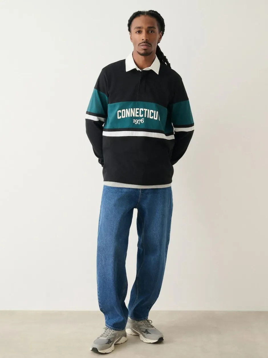Next Black/Teal Blue Block Rugby Shirt Sale