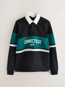 Next Black/Teal Blue Block Rugby Shirt Sale