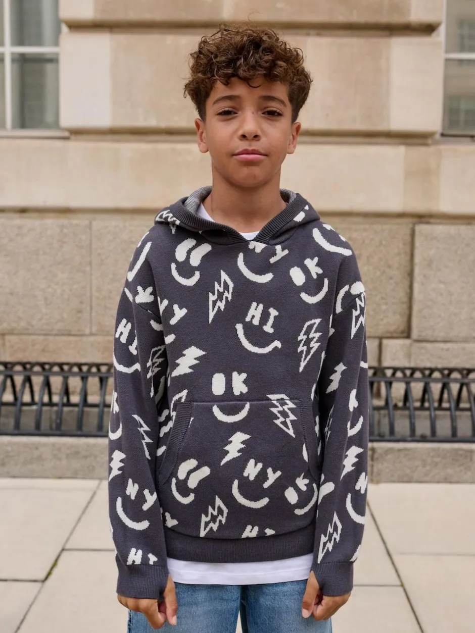 Next Knitted Hoodie (3-16yrs) Black/White Character Online