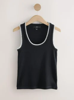 Next Contrast Knit Trim Scoop Neck Sleeveless Tank Vest Top Black/White Best