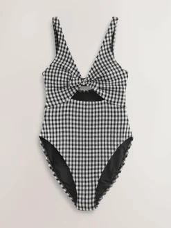 Next Black/White Crinkle Gingham Cutout Plunge Tummy Control Swimsuit