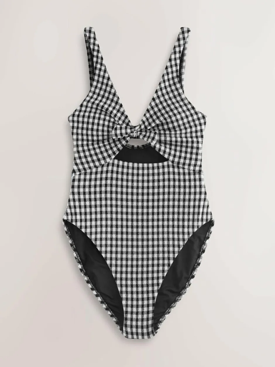 Next Black/White Crinkle Gingham Cutout Plunge Tummy Control Swimsuit