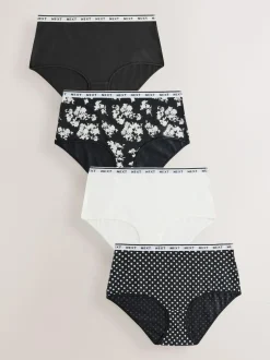 Next Black/White Floral Print Midi Cotton Logo Knickers 4 Pack Best