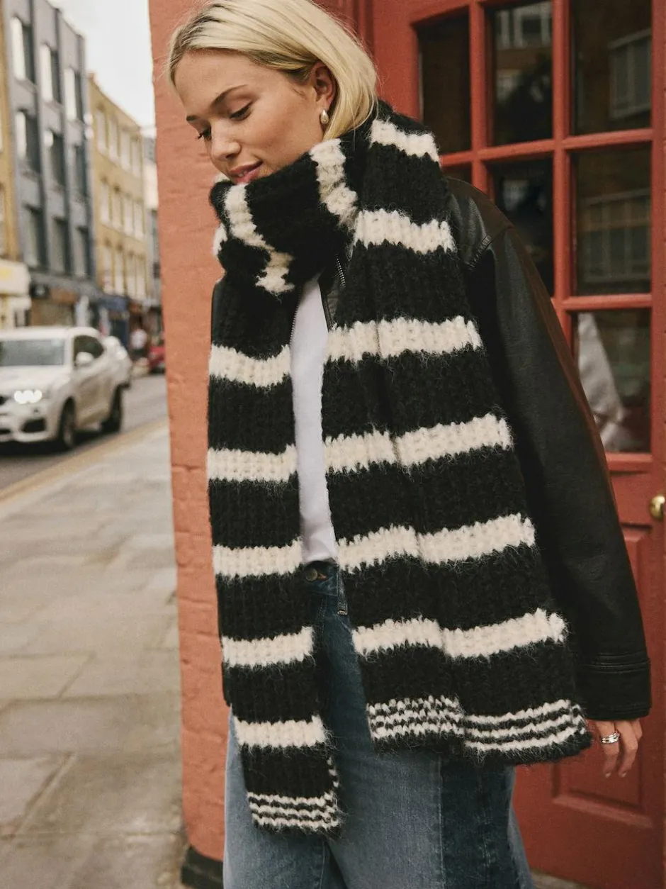 Next Knitted Wool Blend Striped Scarf Black/White New