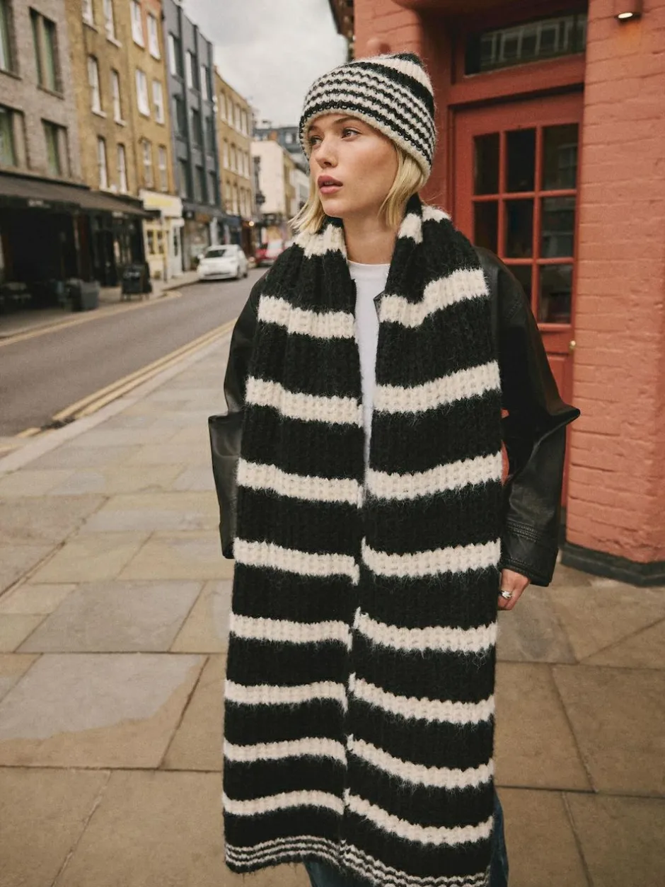 Next Knitted Wool Blend Striped Scarf Black/White New