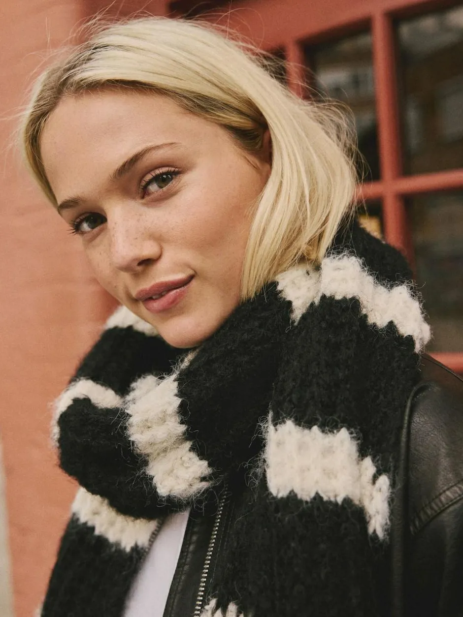 Next Knitted Wool Blend Striped Scarf Black/White New