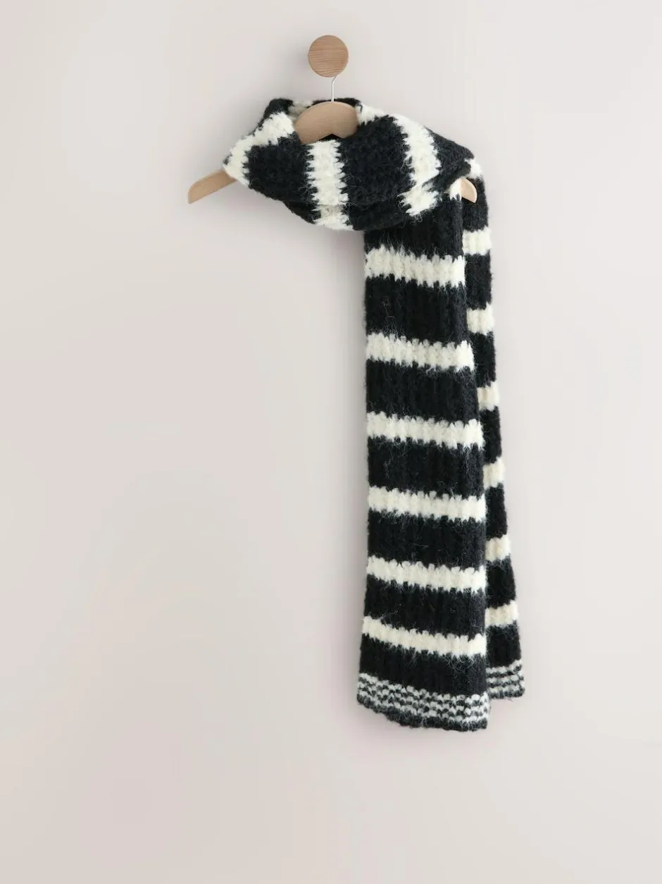 Next Knitted Wool Blend Striped Scarf Black/White New