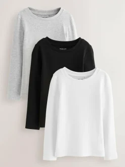 Next Black/White Long Sleeve Ribbed Tops 3 Pack (3-16yrs) Discount