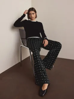 Next Satin Tie Waist Wide Leg Trousers Black/White Polka Dot