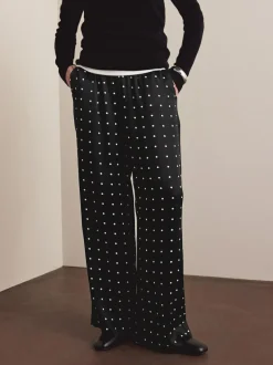 Next Satin Tie Waist Wide Leg Trousers Black/White Polka Dot