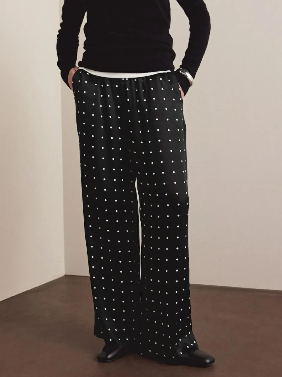 Next Satin Tie Waist Wide Leg Trousers Black/White Polka Dot