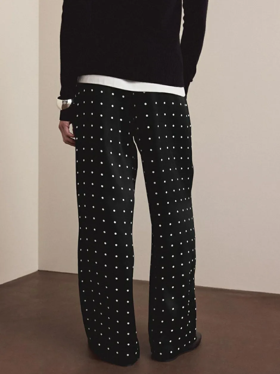 Next Satin Tie Waist Wide Leg Trousers Black/White Polka Dot
