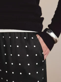 Next Satin Tie Waist Wide Leg Trousers Black/White Polka Dot