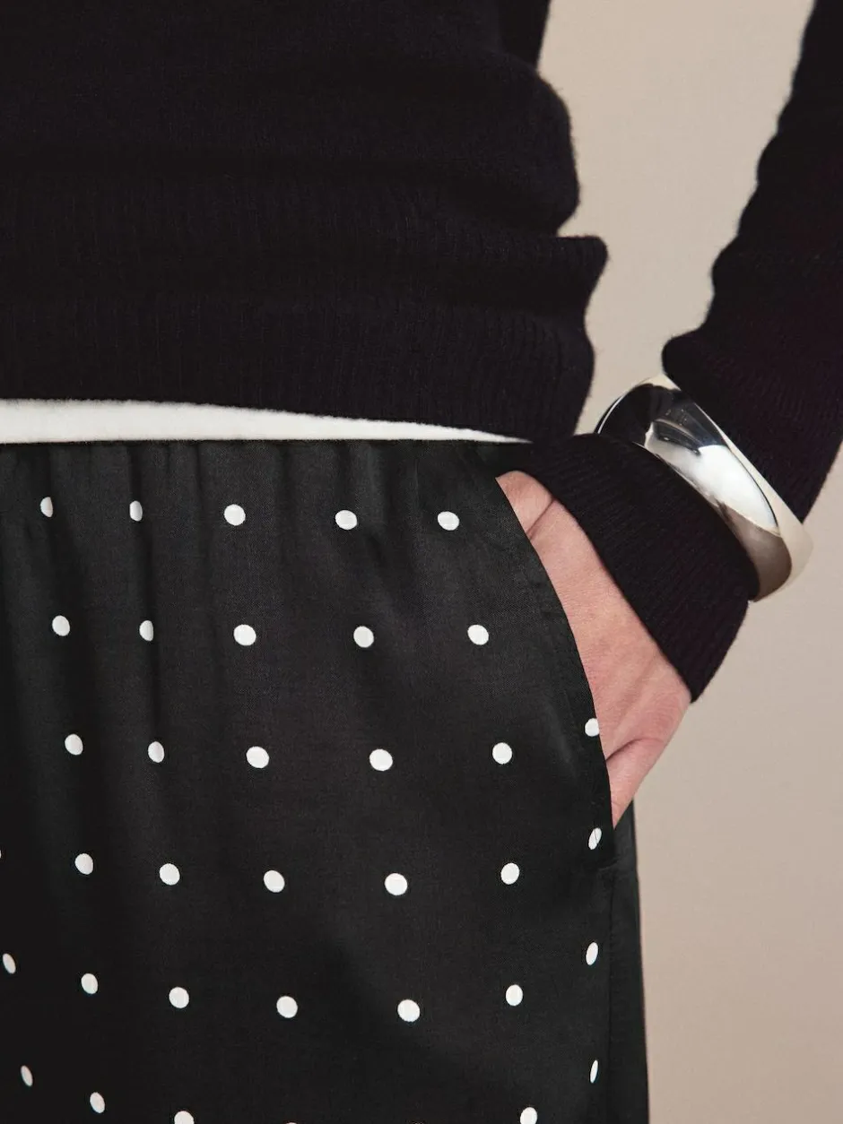 Next Satin Tie Waist Wide Leg Trousers Black/White Polka Dot
