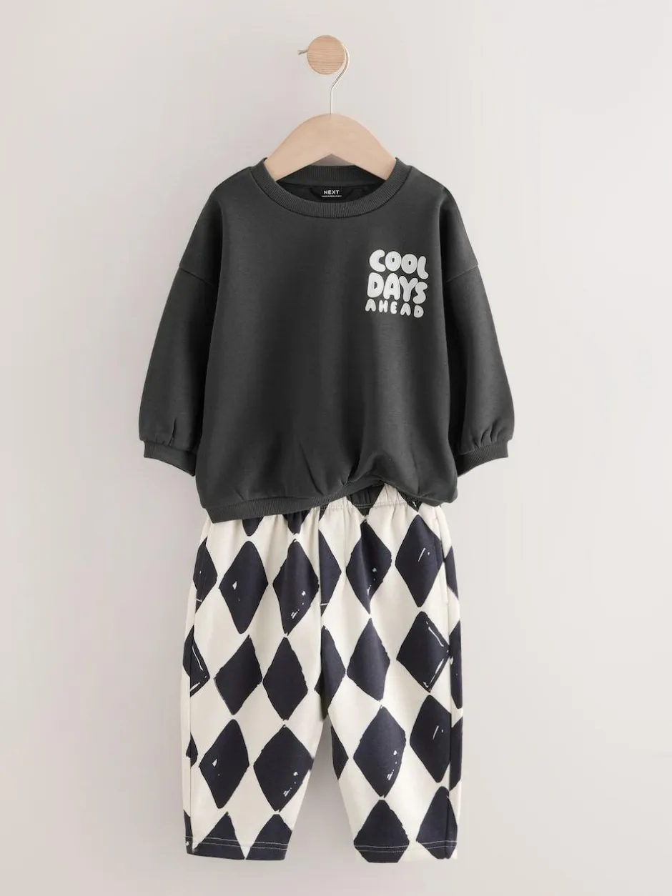 Next Black/White Printed 2 Pack Sweatshirt And Stripe Joggers Set (3mths-7yrs) Hot