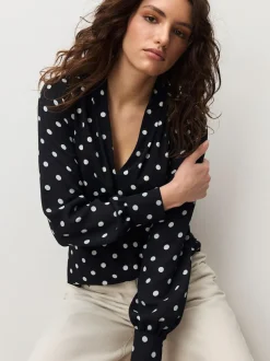 Next Long Sleeve V-Neck Blouse Black/White Spot Outlet