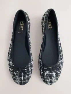 Next Black/White Tweed Standard/Wide Fit Round Toe Ballerina Shoes
