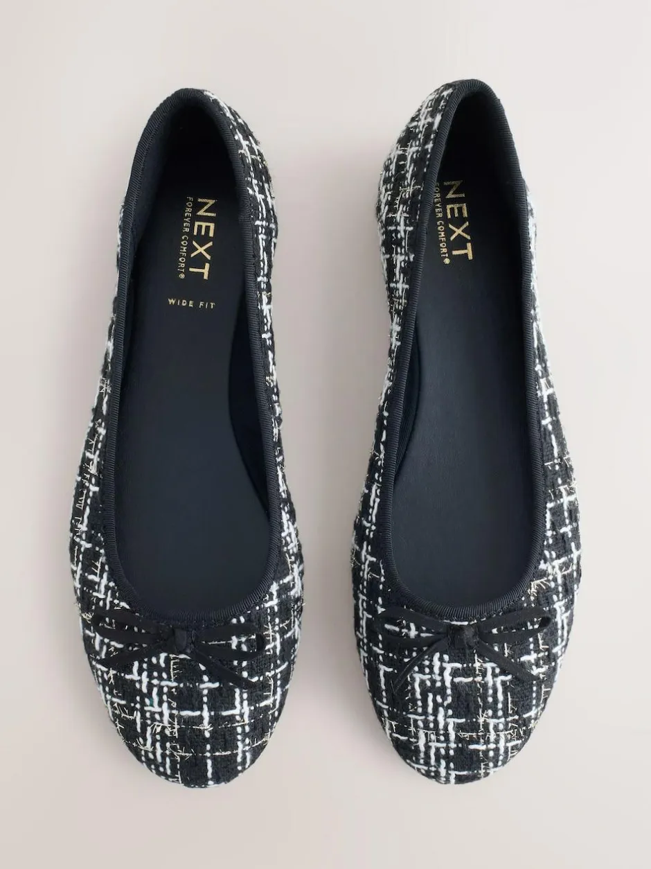 Next Black/White Tweed Standard/Wide Fit Round Toe Ballerina Shoes