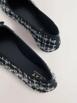 Next Black/White Tweed Standard/Wide Fit Round Toe Ballerina Shoes