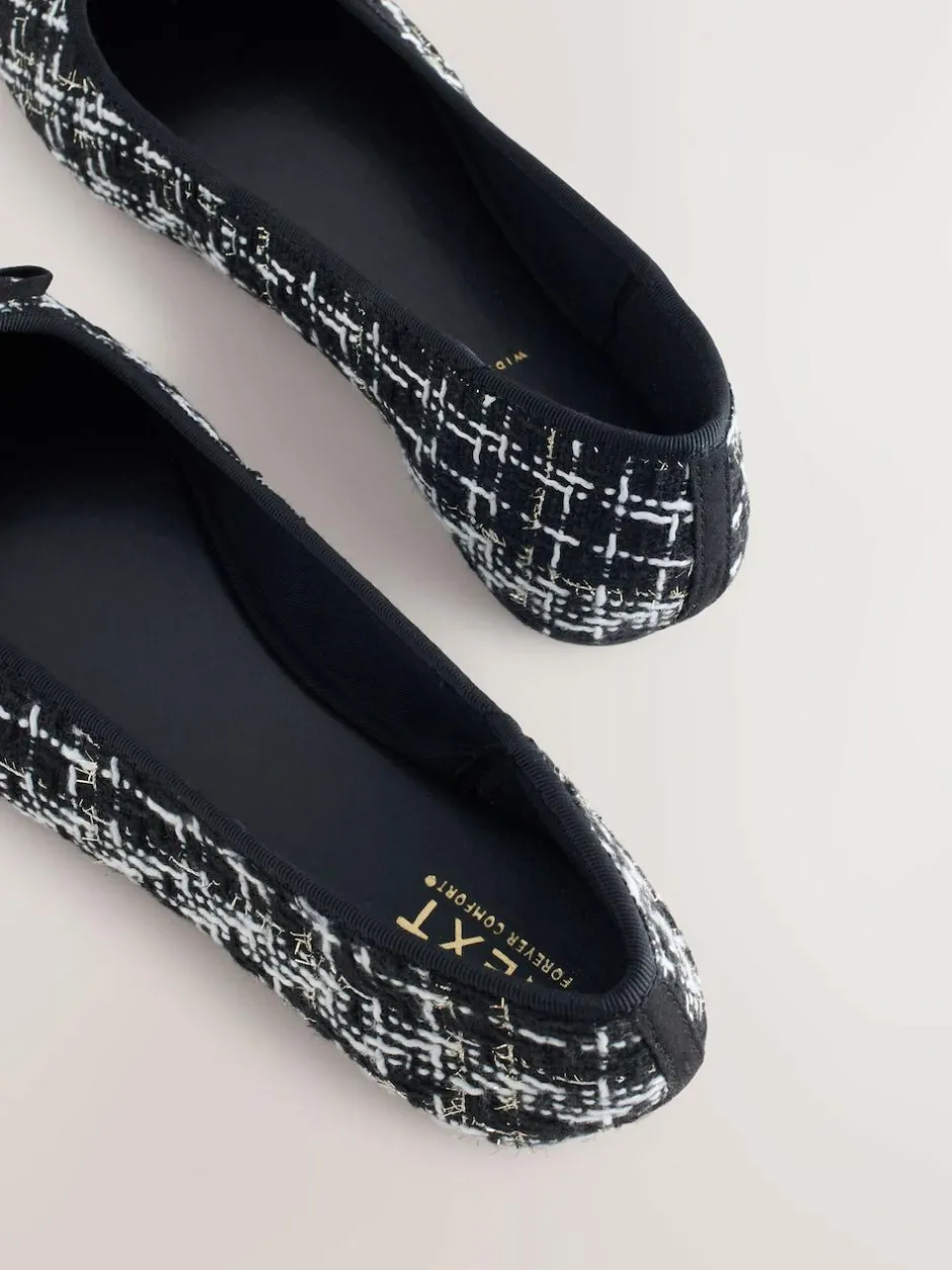 Next Black/White Tweed Standard/Wide Fit Round Toe Ballerina Shoes