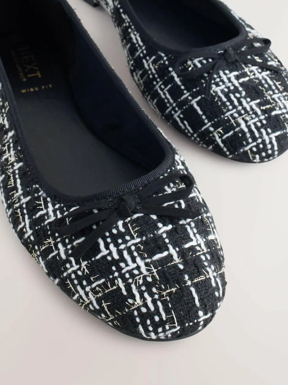 Next Black/White Tweed Standard/Wide Fit Round Toe Ballerina Shoes