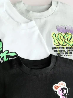 Next Black/White/Grey Relaxed Fit Graphic Print Short Sleeve T-Shirts 3 Pack (3-16yrs)