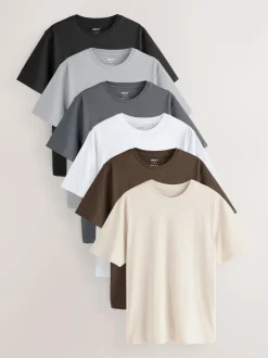 Next Black/White/Grey/Slate Grey/Stone/Brown Regular Fit Essential Cotton T-Shirts 6 Pack Clearance