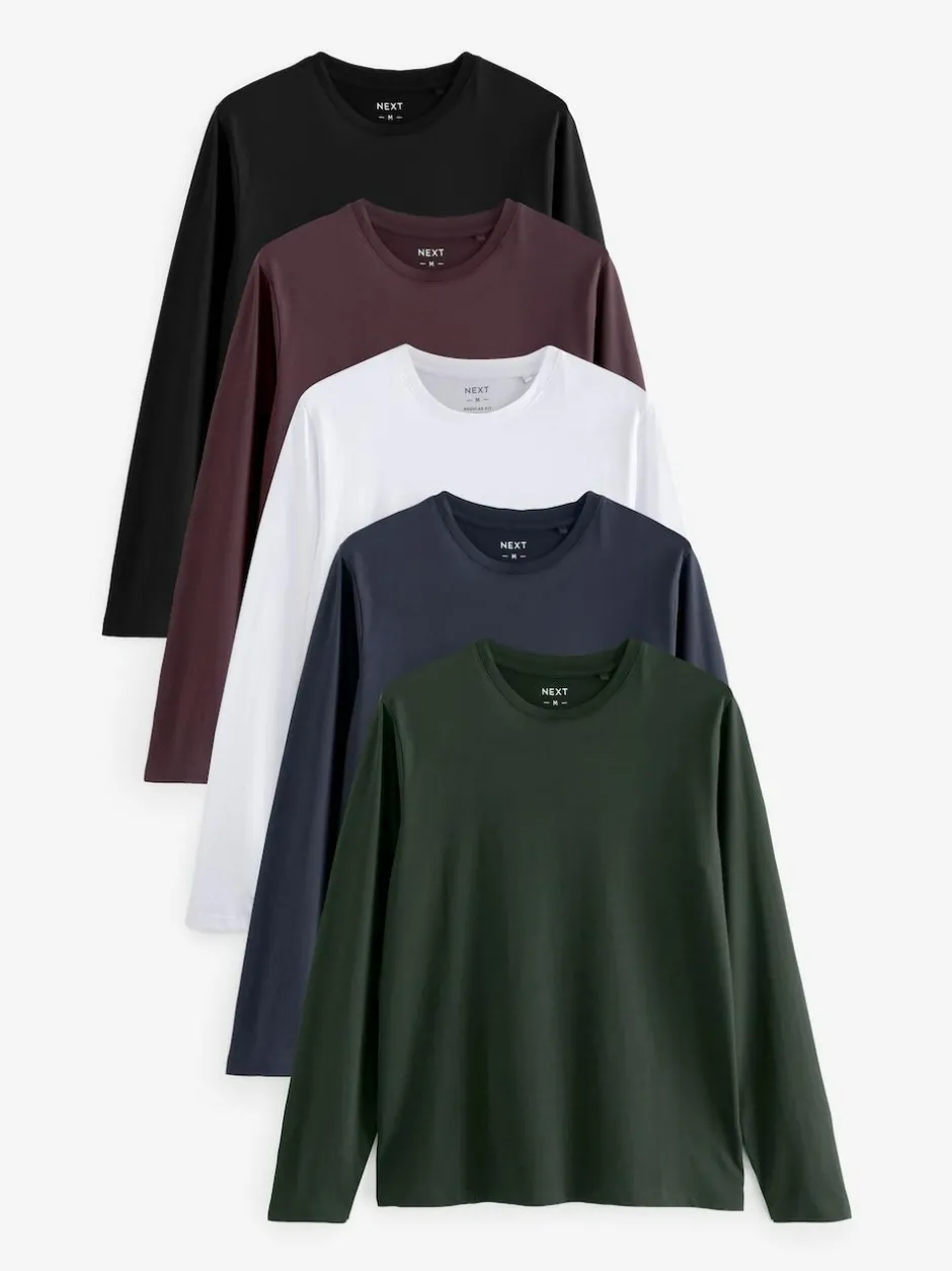 Next Regular Fit Regular Fit Long Sleeve 100% Cotton T-Shirts 5 Pack Black/White/Navy Blue/Green/Burgundy Red Clearance