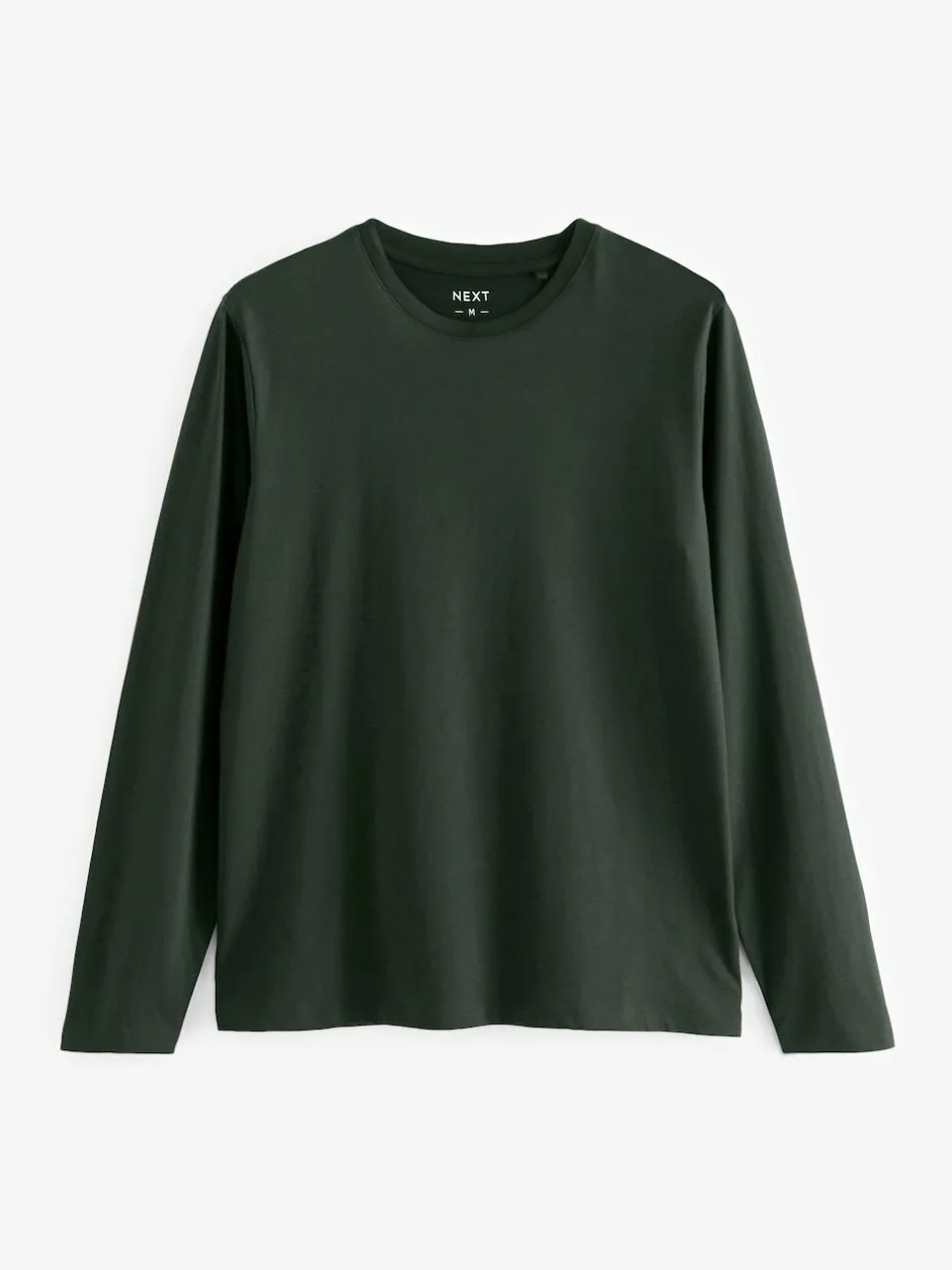Next Regular Fit Regular Fit Long Sleeve 100% Cotton T-Shirts 5 Pack Black/White/Navy Blue/Green/Burgundy Red Clearance