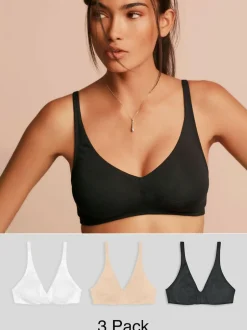 Next Non Pad Non Wire Cotton Blend Ultimate Comfort Bras 3 Pack Black/White/Pastel Rose Nude Clearance